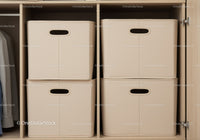 Beige Storage Bins Organizing Closet Shelves with Handles