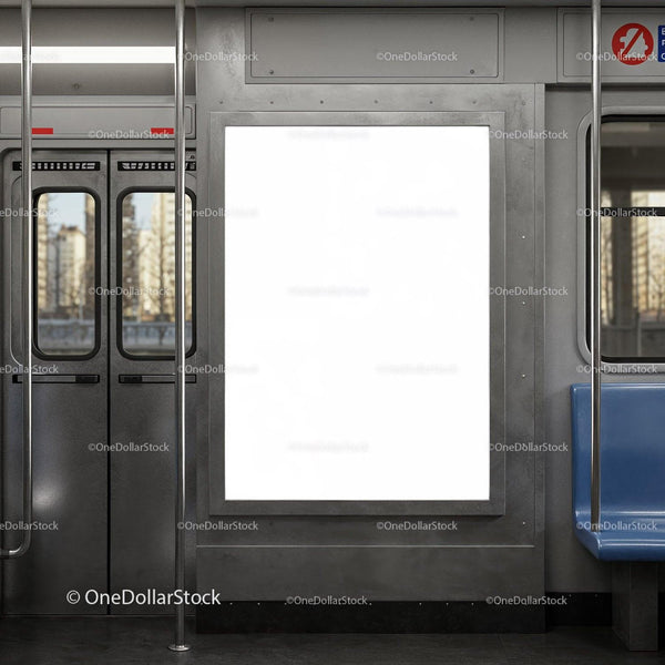Empty advertising poster inside modern subway train carriage JPG Mockup Image