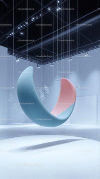 Futuristic Suspended Crescent Sculpture in Contemporary Art Space