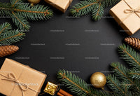 Festive holiday gifts with pine and golden decorations