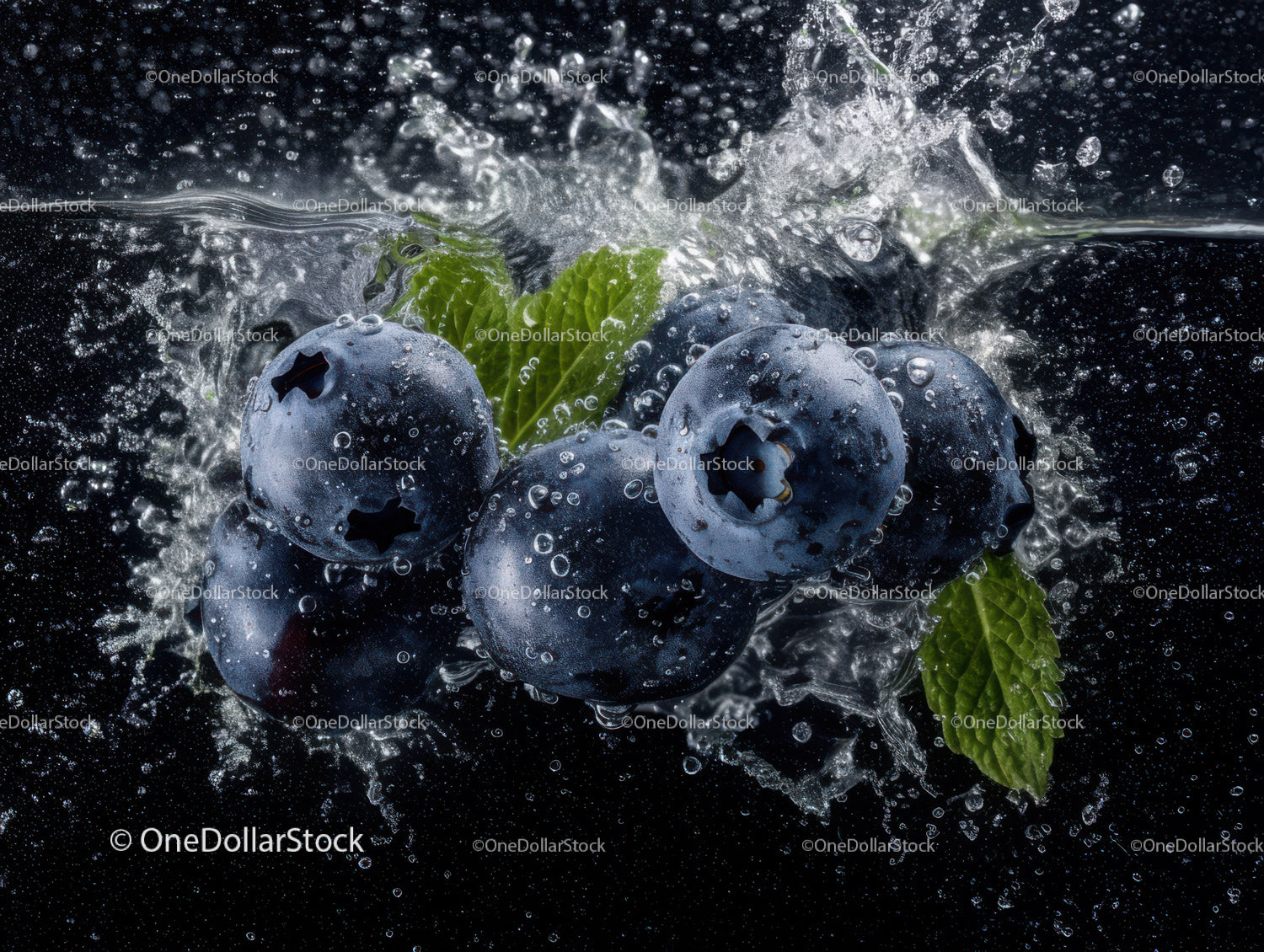 Blueberries Splash in Water with Green Mint Leaves