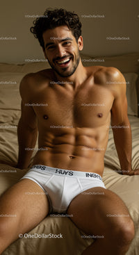 Smiling fit man relaxing on bed in white underwear