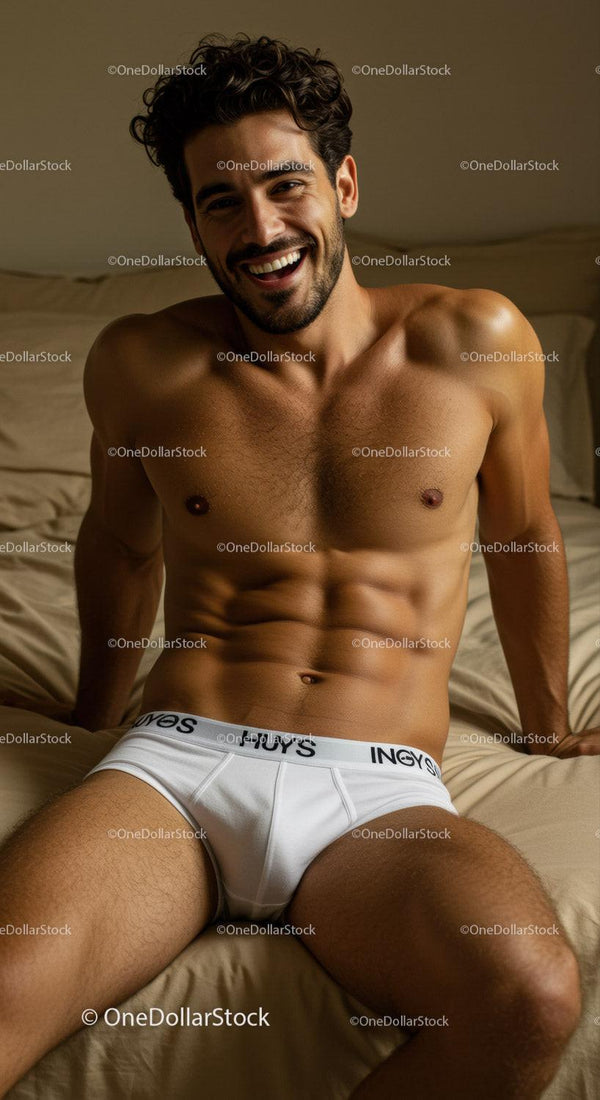 Smiling fit man relaxing on bed in white underwear