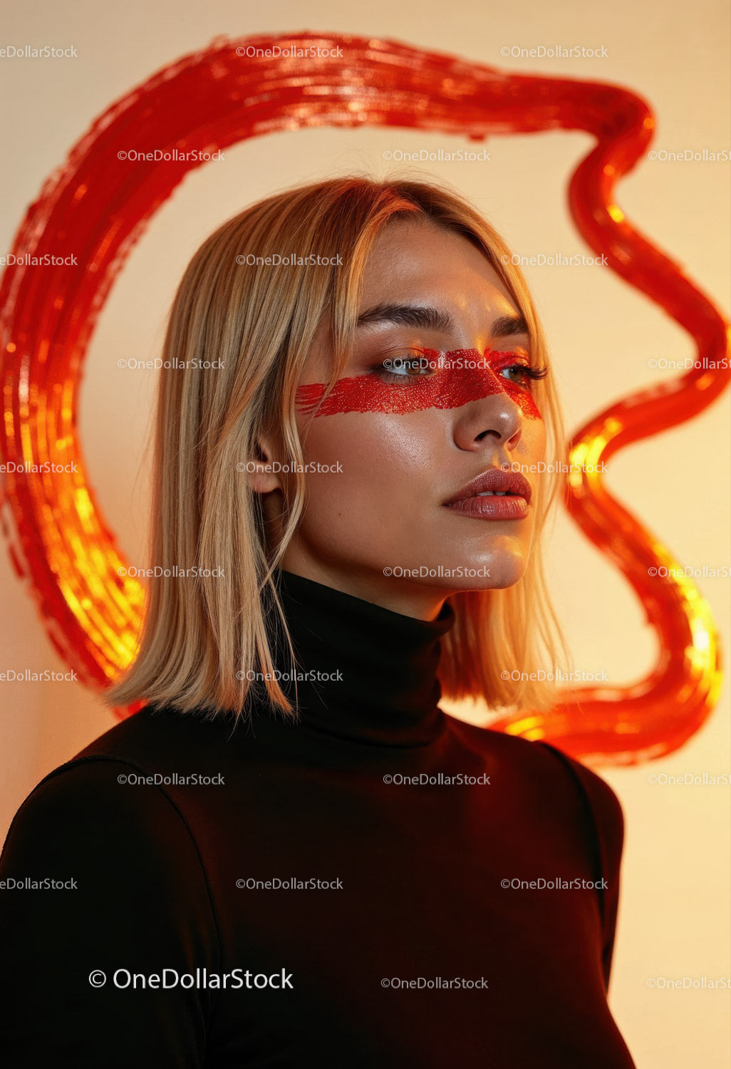 Creative Artistic Makeup Portrait with Red Face Paint and Blonde Hair
