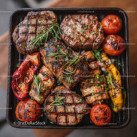 Grilled Beef Steaks with Roasted Cherry Tomatoes and Bell Peppers
