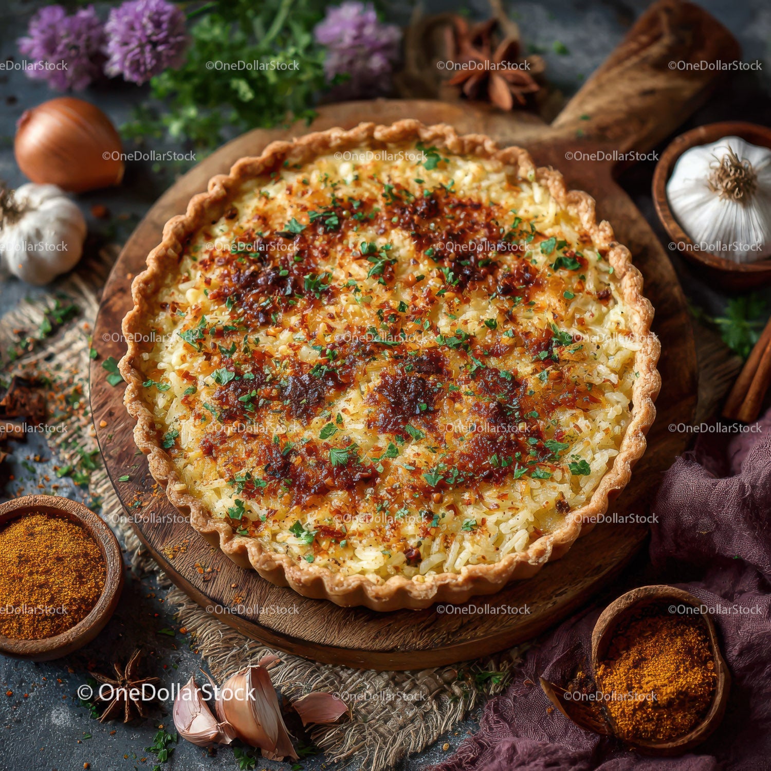 Vegetarian Quiche with Cheese and Herb Garnish in Rustic Style