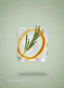 Fresh Rosemary and Orange Slice Frozen in Ice Cube