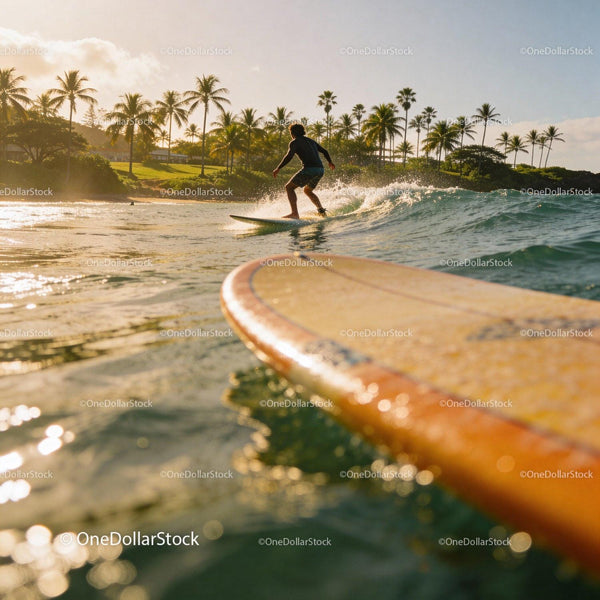 Surfer Riding Gentle Wave Near Tropical Shoreline