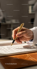 Business Professional Writing in Notebook with Gold Pen on Office Desk