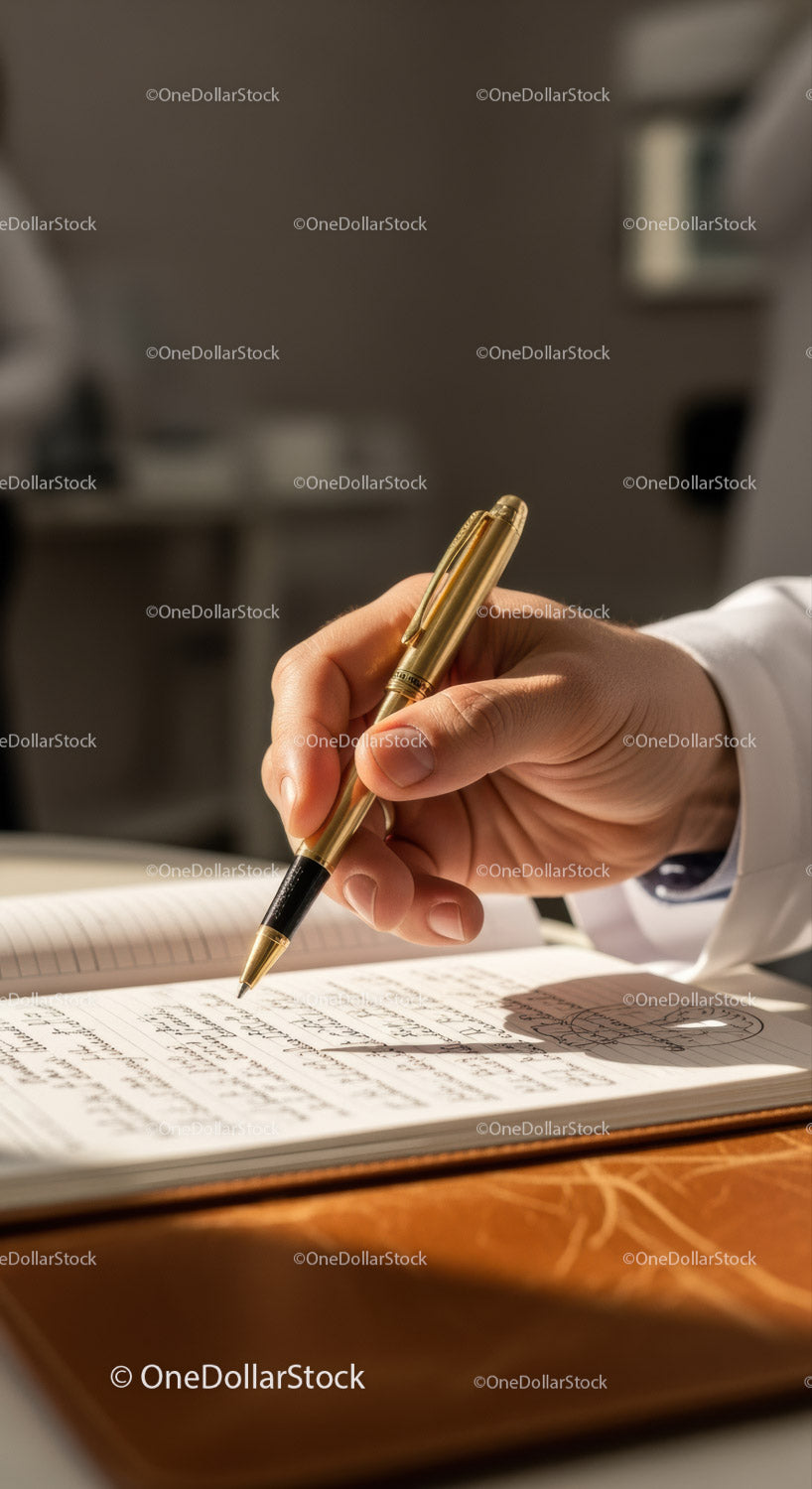 Business Professional Writing in Notebook with Gold Pen on Office Desk