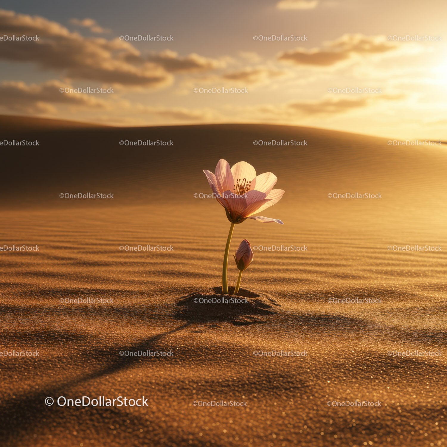 Delicate flower blooming alone in warm desert sand