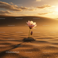 Delicate flower blooming alone in warm desert sand