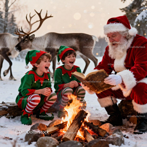 Santa Claus Reading Stories to Cheerful Elves by Campfire
