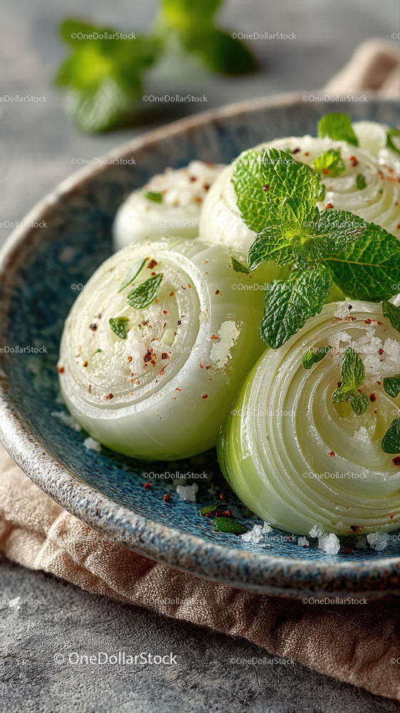 Still life of sliced onions with fresh mint and seasoning in a rustic bowl