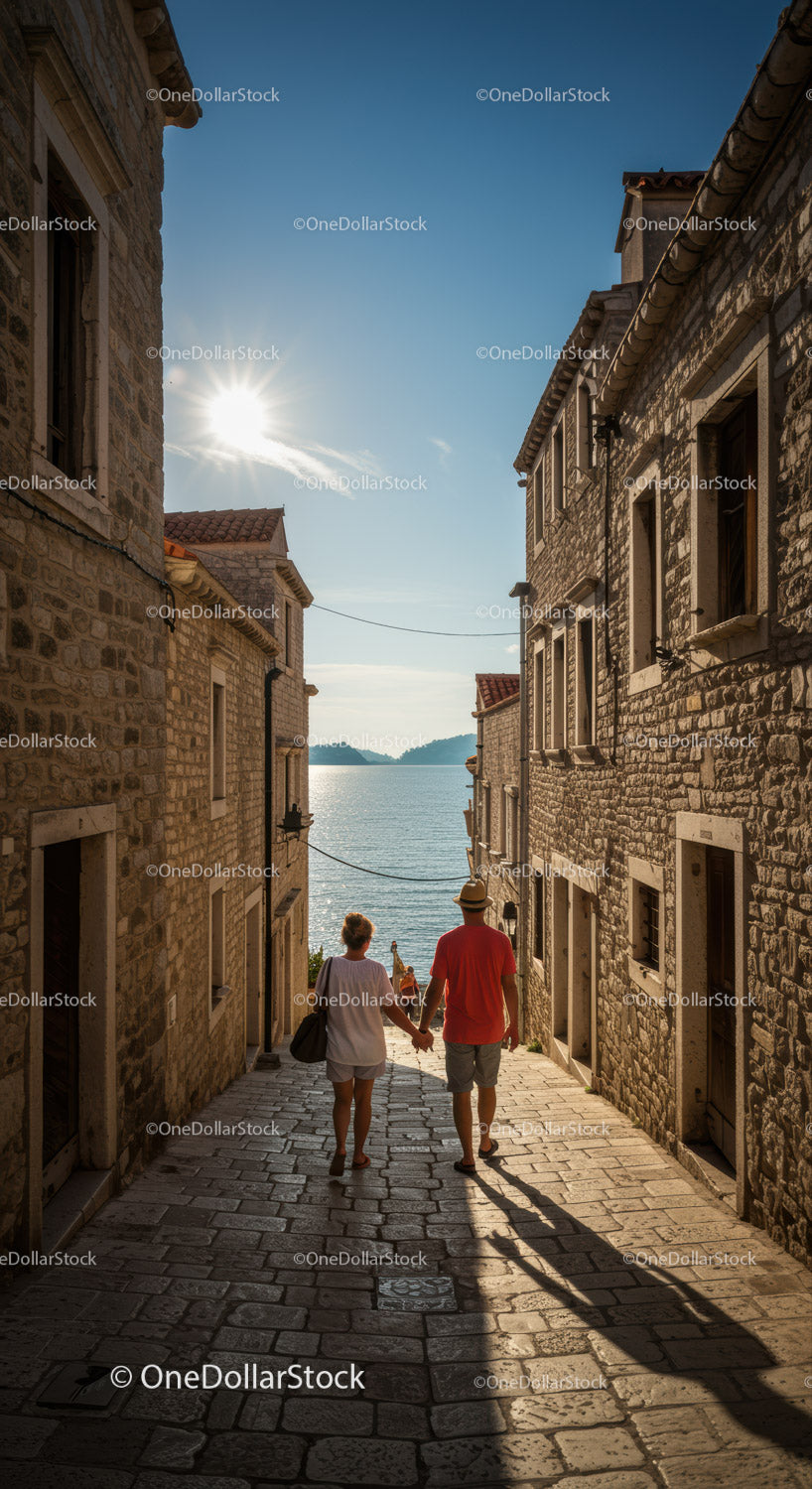 Charming Mediterranean Alleyway Leading to Seaside Water View with Couple