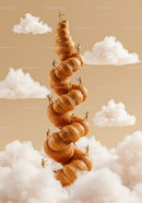 Miniature figures climbing towering stack of croissants