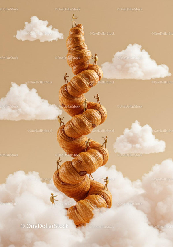 Miniature figures climbing towering stack of croissants
