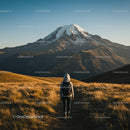 Snow Capped Volcano Mountain with Grassy Plains and Hiker in Wilderness
