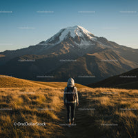 Snow Capped Volcano Mountain with Grassy Plains and Hiker in Wilderness