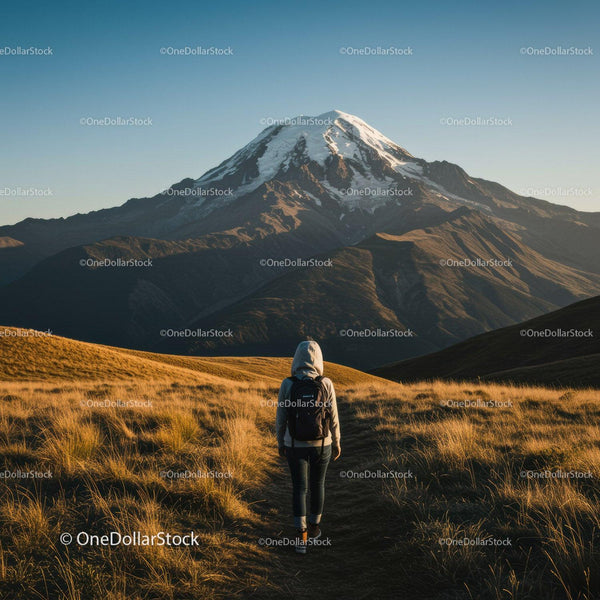 Snow Capped Volcano Mountain with Grassy Plains and Hiker in Wilderness