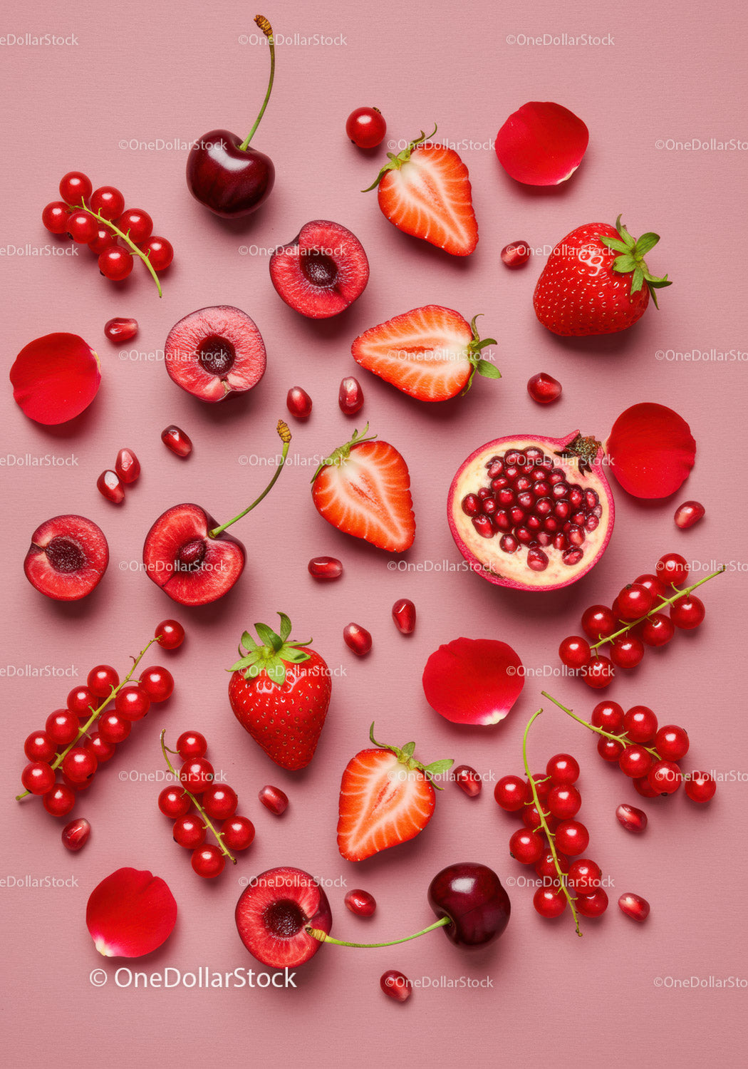 Fresh Red Berries and Pomegranate on Pink Background