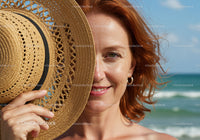 Red Haired Woman Wearing Straw Hat at the Beach During Sunny Day