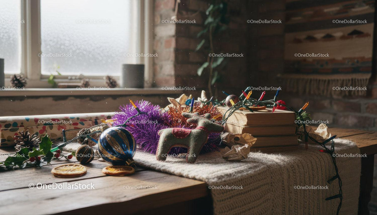 Cozy rustic table with Christmas decorations and books
