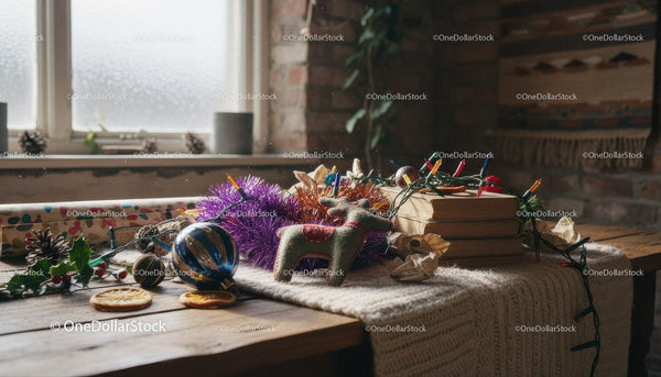 Cozy rustic table with Christmas decorations and books