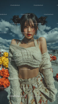 Stylish Young Woman in Urban Outfit with Floral Shorts and Beanie