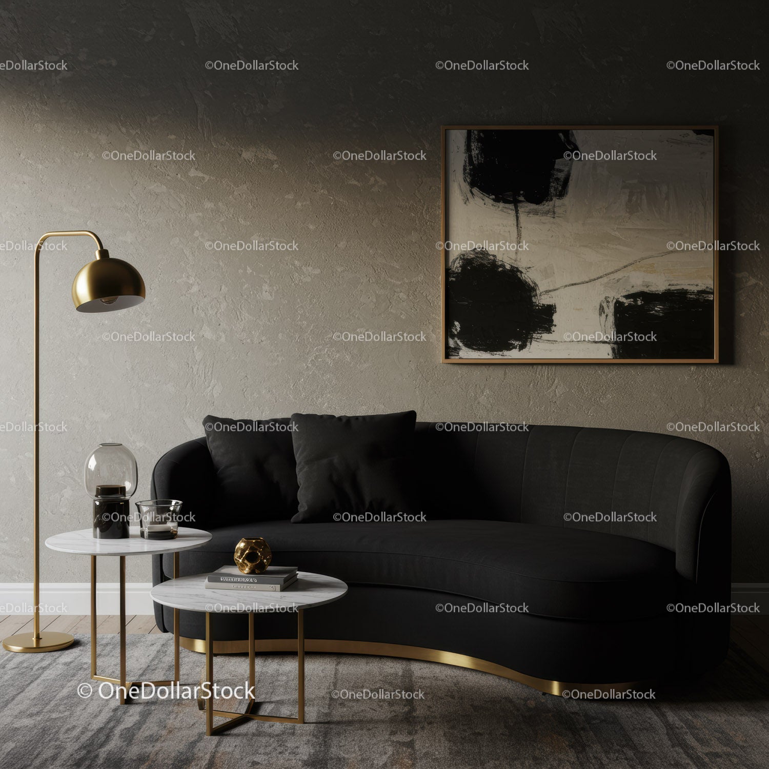 Nowoczesny, minimalistyczny salon z czarną, wygiętą sofą