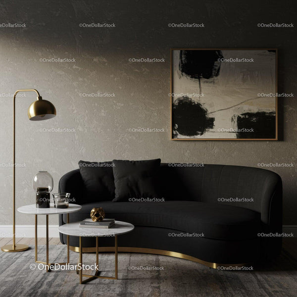 Modern minimalist living room with black curved sofa