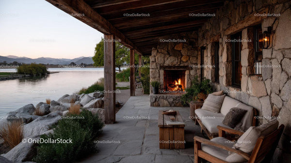Rustic Lakeside Porch with Fireplace Overlooking Scenic River and Mountain View