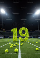 Number 19 Composed of Tennis Balls on Court at Night