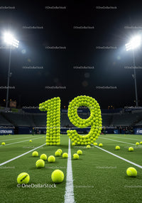 Number 19 Composed of Tennis Balls on Court at Night
