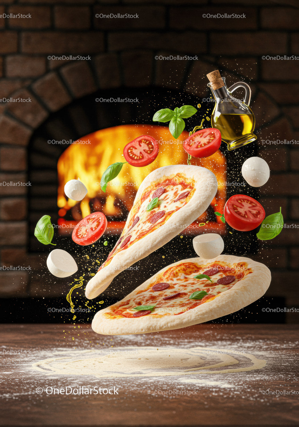 Fresh ingredients flying over rustic pizza oven counter