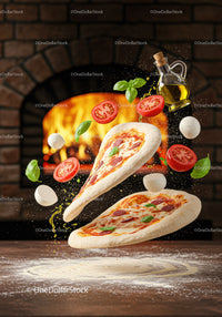 Fresh ingredients flying over rustic pizza oven counter
