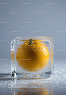 Fresh orange fruit frozen inside clear ice cube