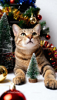 Curious tabby cat surrounded by festive Christmas decor