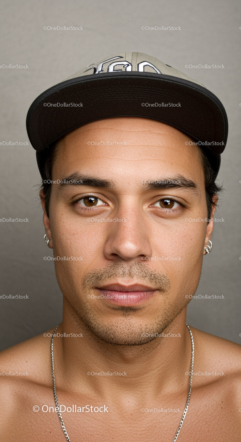 Young man wearing a baseball cap and jewelry