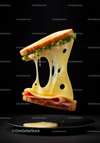 Close up of melty cheese sandwich with ham and lettuce