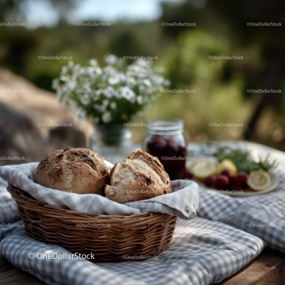 Rustic Basket of Fresh Baked Bread Rolls on Outdoor Table