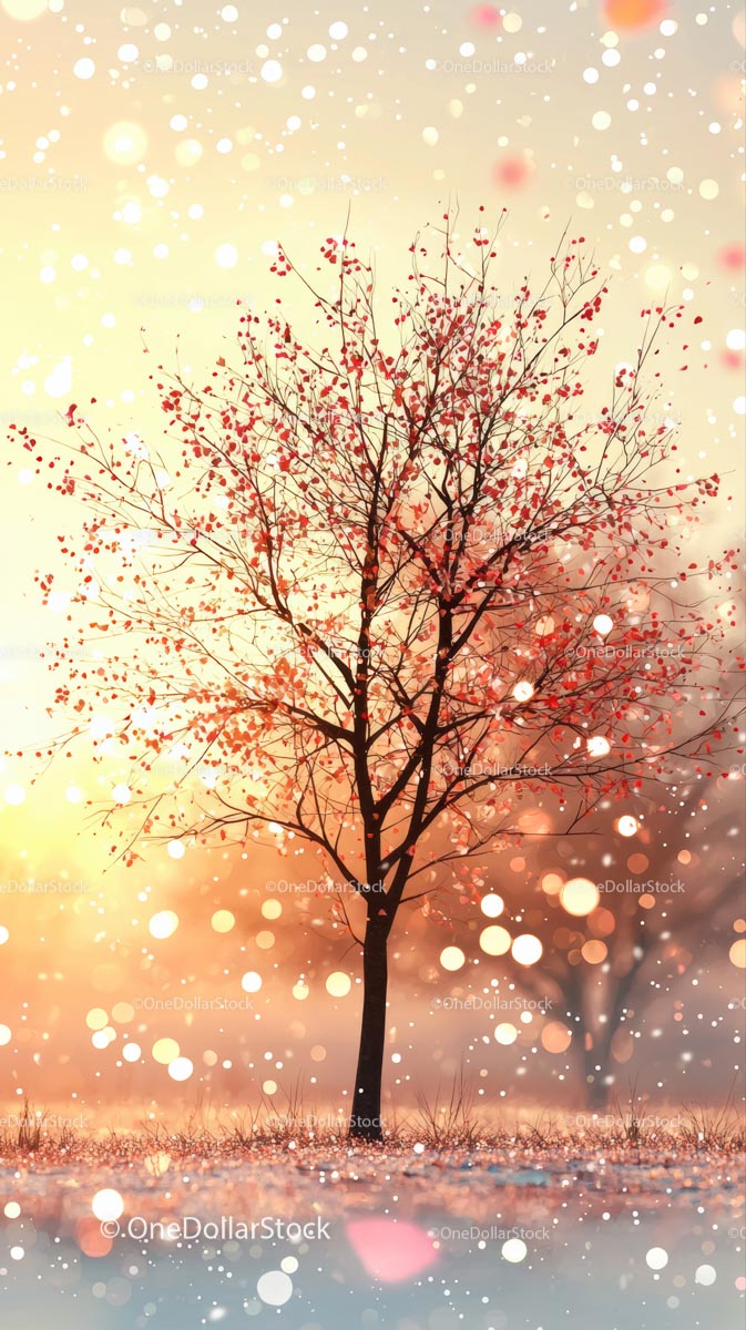 Red Leafed Autumn Tree Against Sunset Sky