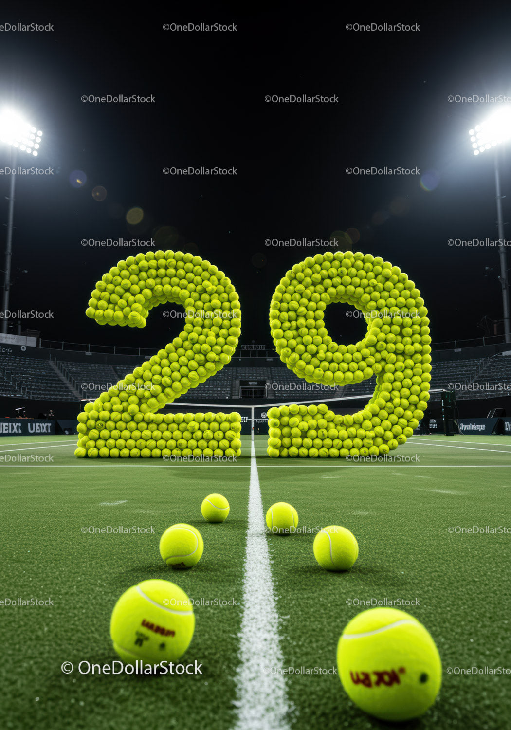 Numeral Twenty Nine Made of Tennis Balls on Court