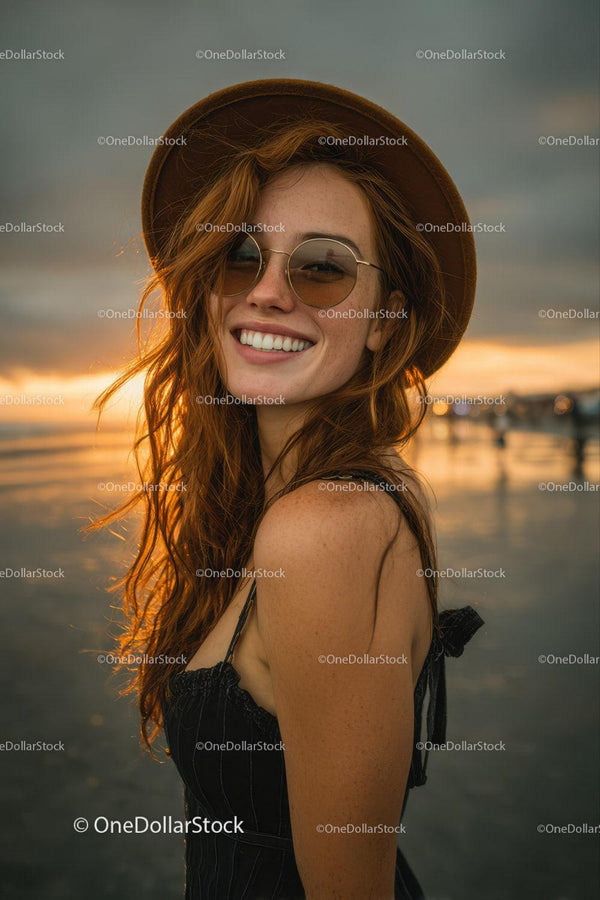 Young Woman in Straw Hat and Sunglasses Smiling at Sunset on Beach