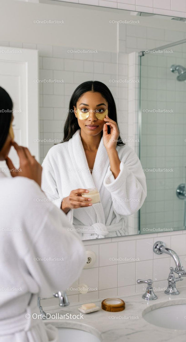 Young Woman Applying Eye Patches During Skincare Routine in Bathroom