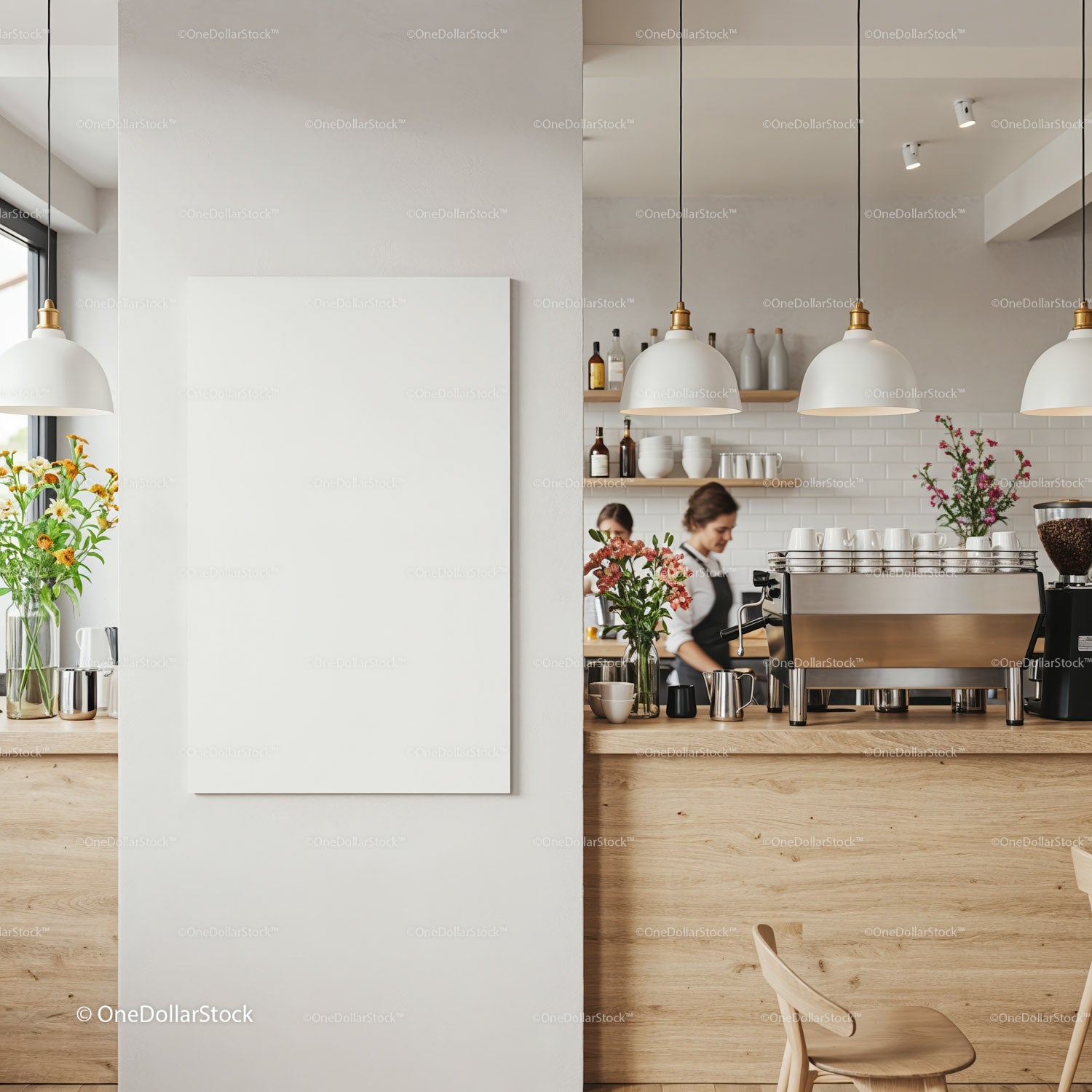 Cozy coffee shop interior with baristas at work