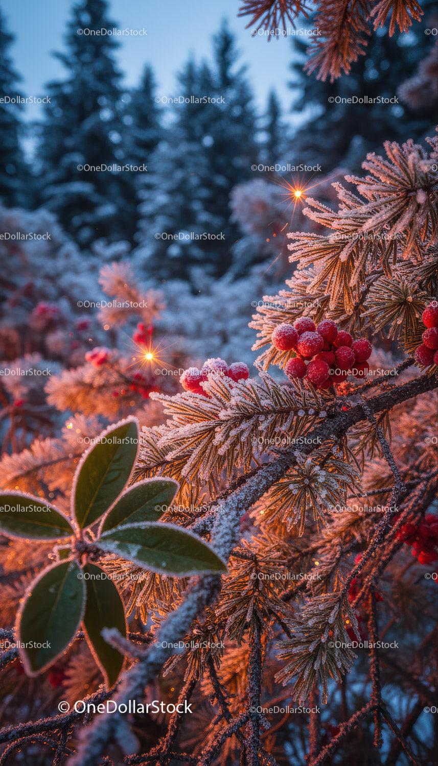 Frosty winter branches with red berries and morning light