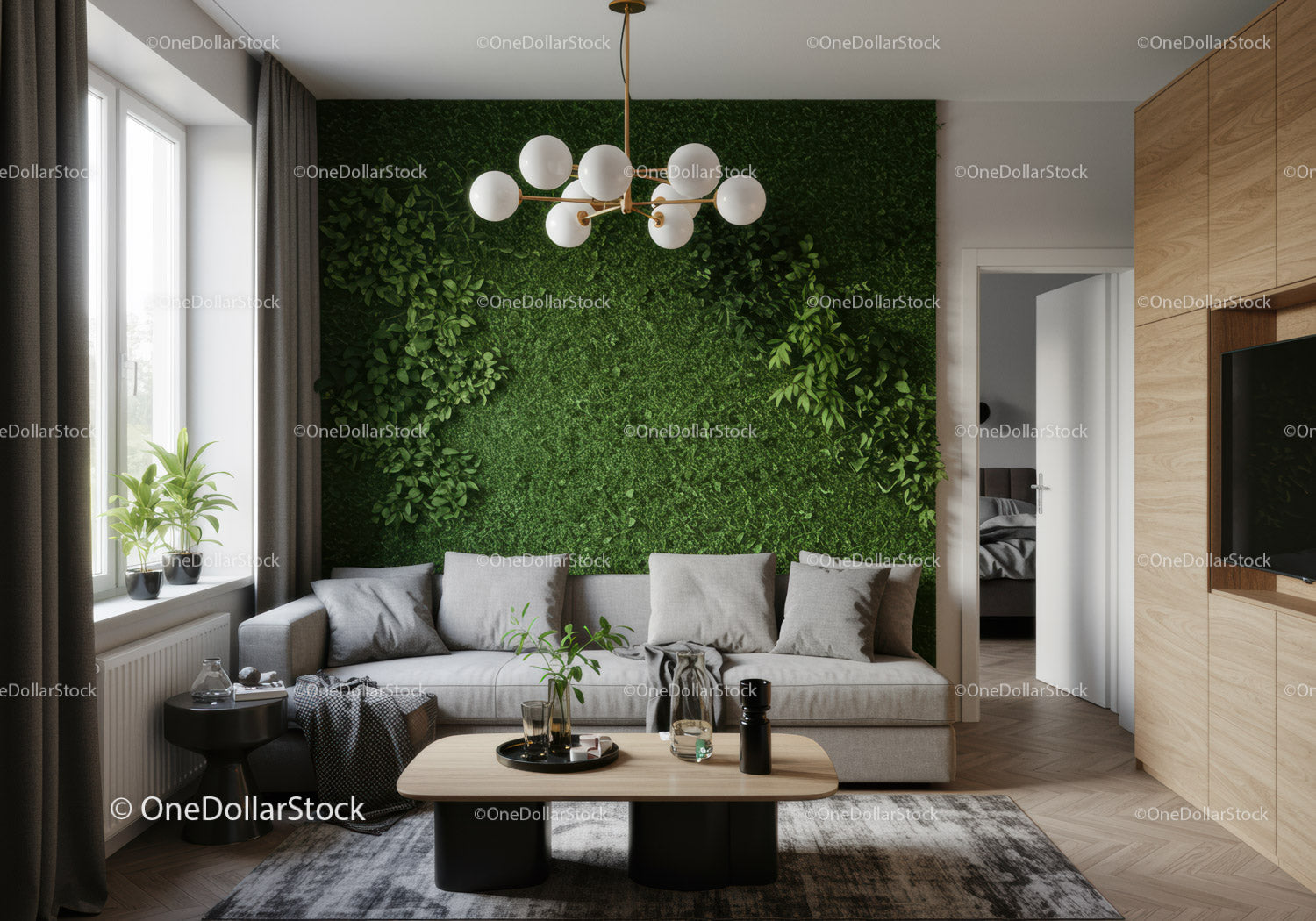 Nowoczesny salon z zieloną ścianą i przytulną sofą