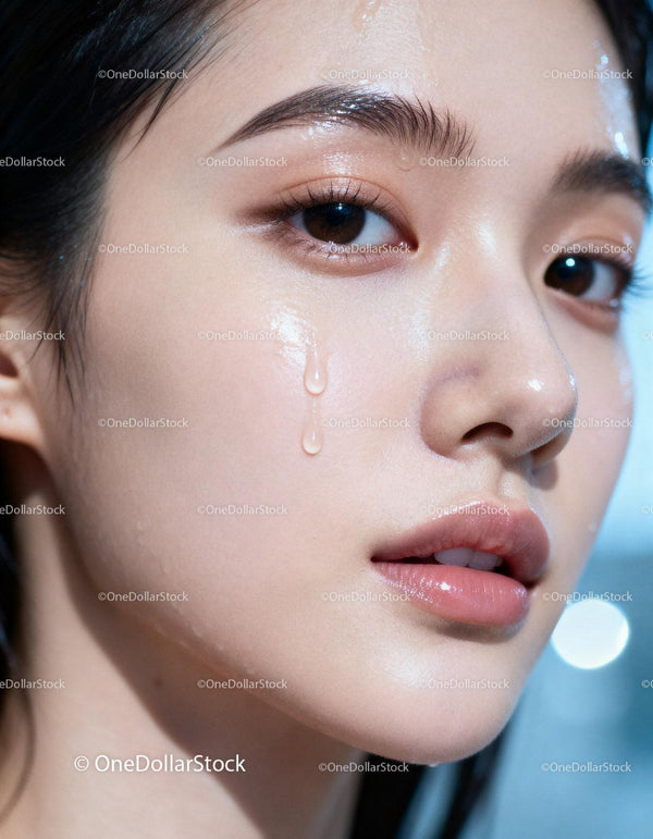 Close up of young woman with glowing wet skin
