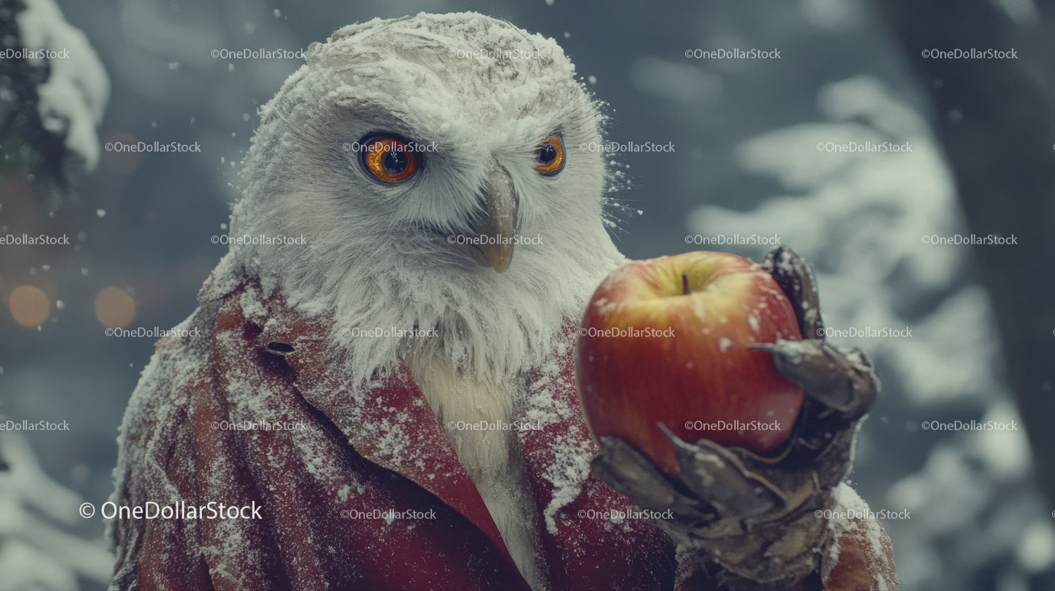 Snowy Owl Holding Apple in a Cold Winter Setting